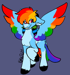 Size: 716x772 | Tagged: safe, artist:hunter-shadowcloak, rainbow dash, pegasus, pony, g4, blue background, female, floppy ears, mare, raised hoof, redesign, simple background, smiling, solo, spread wings, wings