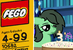 Size: 702x486 | Tagged: safe, artist:phat_guy, oc, oc:filly anon, earth pony, pony, cake, ears back, female, filly, food, lego, meme, ponified meme, solo