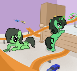 Size: 1600x1477 | Tagged: safe, artist:phat_guy, oc, oc only, oc:filly anon, earth pony, pony, unicorn, bed, female, filly, hot wheels, magic, multeity, telekinesis