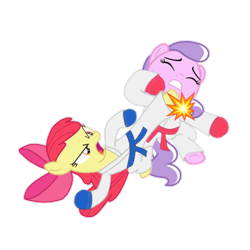 Size: 720x720 | Tagged: safe, anonymous artist, apple bloom, diamond tiara, earth pony, pony, g4, clothes, duo, fingerless gloves, gloves, karate, kicking, martial arts, pants, robe, simple background, transparent background