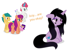 Size: 2970x2100 | Tagged: safe, artist:candy meow, hitch trailblazer, izzy moonbow, pipp petals, sunny starscout, zipp storm, earth pony, pegasus, pony, unicorn, g4, g5, black hair, black lipstick, collar, confused, g4 style, g5 to g4, generation leap, goth, goth izzy, goth pony, high res, lipstick, mane five, pipp is short, pipp is smol, show accurate, simple background, smol, white background
