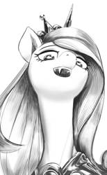 Size: 2161x3504 | Tagged: safe, artist:applephil, princess cadance, queen chrysalis, alicorn, pony, g4, black and white, disguise, disguised changeling, fake cadance, fangs, female, grayscale, high res, looking at you, looking down, looking down at you, low angle, mare, monochrome, simple background, solo, white background