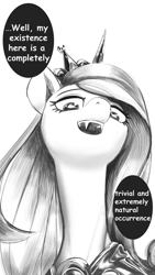 Size: 2161x3840 | Tagged: safe, artist:applephil, princess cadance, queen chrysalis, alicorn, pony, g4, black and white, disguise, disguised changeling, fake cadance, fangs, female, grayscale, high res, looking at you, looking down, looking down at you, low angle, mare, monochrome, ponified, simple background, solo, speech bubble, talking to viewer, white background