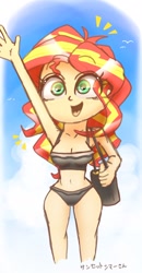 Size: 1080x2076 | Tagged: safe, artist:phoenixrk49, sunset shimmer, human, equestria girls, g4, armpits, arms in the air, bag, bare shoulders, bikini, clothes, emanata, eye clipping through hair, female, hands in the air, open mouth, open smile, simple background, sleeveless, smiling, solo, swimsuit, white background