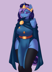 Size: 1660x2309 | Tagged: safe, artist:bumpywish, oc, oc only, oc:aurora shine (loe), unicorn, anthro, bedroom eyes, breasts, brooch, cape, clothes, commission, digital art, dress, female, horn, jewelry, looking down, simple background, solo, stockings, tail, thigh highs, thighs, unicorn oc, wide hips
