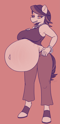 Size: 1267x2596 | Tagged: safe, artist:bumpywish, spoiled rich, earth pony, anthro, unguligrade anthro, g4, bedroom eyes, belly button, belly implant, breasts, busty spoiled rich, clothes, commission, digital art, fake pregnancy, female, hand on hip, hyper, hyper belly, hyper pregnancy, implants, impossibly large belly, jewelry, looking at you, milf, monochrome, necklace, outie belly button, pants, pregnant, sandals, shirt, simple background, solo, thighs