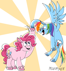 Size: 1300x1416 | Tagged: safe, artist:pigeorgien, pinkie pie, rainbow dash, earth pony, pegasus, pony, g4, chubby, duo, duo female, female, flying, hoofbump, mare, open mouth, smiling