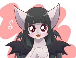 Size: 2006x1515 | Tagged: safe, artist:namaenonaipony, bat pony, pony, bat wings, female, kemono friends, long-legged whiskered bat, looking at you, mare, music notes, open mouth, ponified, simple background, solo, spread wings, white background, wings