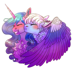 Size: 1280x1323 | Tagged: safe, artist:malinraf1615, izzy moonbow, zoom zephyrwing, pegasus, pony, unicorn, g5, blushing, cheek kiss, chest fluff, cute, duo, duo female, eyebrows, eyes closed, female, grin, izzybetes, kissing, lesbian, ship:zoombow, shipping, simple background, smiling, transparent background