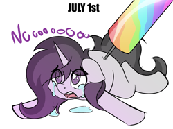 Size: 1647x1225 | Tagged: safe, artist:czu, oc, oc only, oc:czupone, pony, unicorn, color loss, crying, draining, eye clipping through hair, lying down, male, needle, open mouth, pride month, prone, simple background, solo, white background