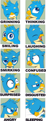 Size: 1026x2696 | Tagged: safe, artist:nauyaco, gallus, griffon, g4, angry, expressions, laughing, male, sleeping, smiling, solo