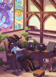 Size: 3000x4096 | Tagged: safe, artist:saxopi, oc, oc only, unicorn, semi-anthro, armchair, bag, bonsai, bonsai tree, book, chair, clothes, coffee mug, commission, detailed background, eyebrows, eyebrows visible through hair, gem, high res, hoof on chin, horn, implied rarity, leg rest, monitor, mosaic, mug, mural, reading, shorts, solo, stained glass window, sticky note, stockings, thigh highs, unicorn oc, white shirt