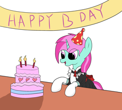 Size: 2000x1800 | Tagged: safe, artist:amateur-draw, oc, oc:belle boue, pony, unicorn, banner, birthday, cake, candle, clothes, crossdressing, evening gloves, food, gloves, hat, long gloves, maid, male, party hat, simple background, solo, stallion, white background