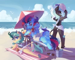 Size: 4096x3284 | Tagged: safe, artist:saxopi, oc, oc only, oc:andrew swiftwing, oc:jinx, oc:misty, oc:swift sail, bird, kirin, pegasus, pony, seagull, semi-anthro, alcohol, alternate universe, arm behind head, beach, beach blanket, beach chair, beach towel, beach umbrella, bipedal, blue eyes, bottle, bow, bucket, chair, cheek fluff, chest fluff, clothes, cloud, cocktail, cocktail umbrella, colored horn, colored pupils, commission, cute, drink, drinking straw, eyebrows, eyebrows visible through hair, eyelashes, fantasy class, female, flower, flower in hair, forked horn, glass, hat, heart, high res, hock fluff, horn, ice, ice cube, kirin oc, looking at you, looking back, looking back at you, male, mare, ocbetes, ocean, panties, parasol (umbrella), pegasus oc, purple eyes, sand, scales, skirt, smiling, smiling at you, stallion, standing, sun hat, sunglasses, sunscreen, swimming trunks, swimsuit, tail, unshorn fetlocks, wall of tags, water, wings