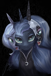 Size: 2858x4287 | Tagged: safe, artist:musical ray, nightmare moon, princess luna, alicorn, pony, g4, black background, clothes, crying, female, filly, looking at you, lunar trinity, mare, mask, moon, night, s1 luna, simple background, solo, woona, young luna, younger