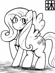 Size: 1200x1600 | Tagged: safe, artist:yuka_mono195, fluttershy, pegasus, pony, g4, blushing, cute, daaaaaaaaaaaw, female, japanese, mare, monochrome, raised hoof, shyabetes, simple background, solo, spread wings, white background, wings