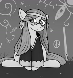 Size: 1200x1290 | Tagged: safe, artist:yuka_mono195, wheat grass, earth pony, pony, g4, abstract background, clothes, eye clipping through hair, female, glasses, looking at you, mare, monochrome, sitting, solo