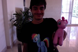 Size: 1080x720 | Tagged: safe, pinkie pie, rainbow dash, human, g4, brony, clothes, female, irl, irl human, male, mare, photo, plushie, shirt, t-shirt