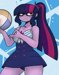 Size: 1185x1500 | Tagged: safe, artist:yuka_mono195, sci-twi, twilight sparkle, human, equestria girls, g4, my little pony equestria girls: better together, abstract background, ball, beach ball, blue background, clothes, female, glasses, looking at you, mare, sci-twi swimsuit, simple background, solo, swimsuit