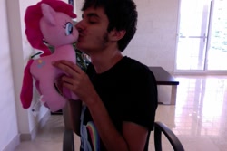 Size: 1080x720 | Tagged: safe, pinkie pie, rainbow dash, human, g4, brony, clothes, female, irl, irl human, kissing, male, mare, photo, plushie, shirt, t-shirt