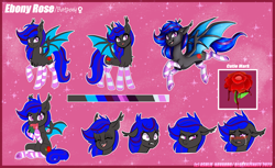 Size: 3500x2136 | Tagged: safe, artist:bluekazenate, oc, oc only, oc:ebony rose, bat pony, pony, blushing, clothes, commission, commissioner:wolfgangrd, crying, cutie mark, ear tufts, fangs, flying, food, high res, laughing, pouting, reference sheet, shocked, shocked expression, sitting, socks, solo, strawberry, striped socks, watermark