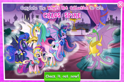 Size: 1668x1109 | Tagged: safe, gameloft, screencap, princess cadance, princess celestia, princess flurry heart, princess luna, spike, twilight sparkle, alicorn, dragon, pony, g4, official, the last problem, advertisement, armor, bat wings, chaos spike, female, male, mare, older, older flurry heart, older spike, older twilight, older twilight sparkle (alicorn), princess twilight 2.0, spread wings, twilight sparkle (alicorn), wings