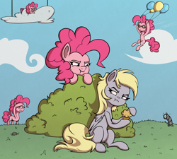 Size: 2000x1802 | Tagged: safe, artist:la hum, derpy hooves, pinkie pie, earth pony, pegasus, pony, g4, balloon, bush, cloud, female, floating, food, muffin, multeity, pinkie being pinkie, that pony sure does love muffins, then watch her balloons lift her up to the sky, too much pink energy is dangerous