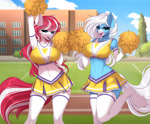 Size: 4000x3300 | Tagged: safe, artist:kuroran, oc, oc:cherry pop, oc:icy heart, anthro, unguligrade anthro, armpits, big breasts, breasts, cheerleader, clothes, duo, duo female, female, heart, heart eyes, pom pom, stockings, thigh highs, wingding eyes