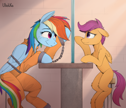 Size: 3440x2946 | Tagged: safe, artist:uliovka, rainbow dash, scootaloo, chains, clothes, crepuscular rays, crying, heartwarming, looking at each other, looking at someone, prison outfit, prisoner rd, sit, smiling