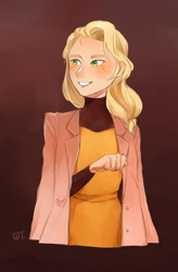 Size: 1085x1652 | Tagged: safe, artist:weiting89100955, applejack, human, alternate hairstyle, blushing, clothes, coat, female, freckles, grin, humanized, shirt, smiling, solo