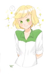 Size: 758x1213 | Tagged: safe, artist:weiting89100955, applejack, human, alternate hairstyle, clothes, cute, female, humanized, jackabetes, question mark, shirt, short hair, simple background, solo, white background