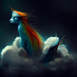 Size: 1536x1536 | Tagged: safe, artist:hazy skies, rainbow dash, pony, ai generated, cloud, deformed, long eyelashes, midjourney, neural network, neural network abomination, nightmare fuel, sitting, solo