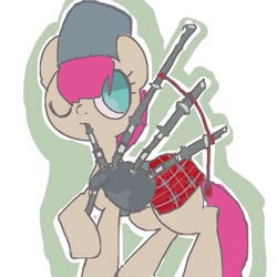 Size: 600x600 | Tagged: safe, artist:um89s, artist:ume89s, oc, oc only, earth pony, pony, bagpipes, clothes, hat, hoof hold, musical instrument, one eye closed, raised hoof, simple background, solo, white background