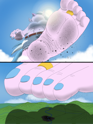 Size: 2000x2666 | Tagged: safe, artist:az12lol, silverstream, classical hippogriff, hippogriff, anthro, plantigrade anthro, g4, barefoot, big feet, crush fetish, crushed, crushing, dirt, dirty, dirty feet, feet, female, fetish, foot fetish, foot focus, giantess, high res, low angle, macro, mega giant, soles