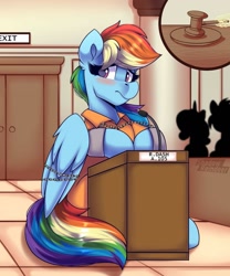 Size: 1023x1228 | Tagged: safe, artist:shadowreindeer, rainbow dash, pegasus, pony, g4, clothes, commission, commissioner:rainbowdash69, courtroom, cuffs, gavel, never doubt rainbowdash69's involvement, prison, prison outfit, prisoner rd, sitting, wings