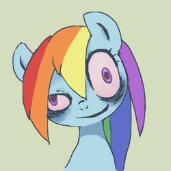 Size: 600x600 | Tagged: safe, artist:um89s, artist:ume89s, rainbow dash, pony, g4, bloodshot eyes, bust, creepy, female, green background, mare, simple background, solo