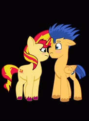 Size: 3000x4108 | Tagged: safe, artist:sarahthefox97, flash sentry, sunset shimmer, pegasus, pony, unicorn, g4, g5, black background, blushing, duo, female, g4 to g5, generation leap, male, mare, ship:flashimmer, shipping, simple background, stallion, straight