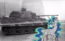 Size: 2048x1290 | Tagged: safe, oc, oc only, oc:light breeze, alicorn, human, pony, actual historical footage, alicorn oc, armor, army, balkenkreuz, black and white, germany, grayscale, horn, life's a breeze, lightverse, looking at something, military, monochrome, next generation, panzer, princess, smiling, tank (vehicle), tiger (tank), tiger ii, tracks, vehicle, wehrmacht, wings, world war ii