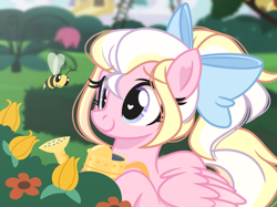 Size: 2227x1668 | Tagged: safe, artist:emberslament, oc, oc only, oc:bay breeze, bee, insect, pegasus, alternate hairstyle, bow, cute, female, flower, hair bow, mare, outdoors, pegasus oc, solo, watering can