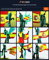 Size: 760x931 | Tagged: safe, queen chrysalis, changeling, changeling queen, ai generated, artificial intelligence, craiyon, cursed image, female, help, holding flag, neural network abomination, spain