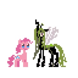 Size: 1024x1024 | Tagged: safe, artist:um89s, artist:ume89s, pinkie pie, queen chrysalis, changeling, changeling queen, earth pony, pony, g4, duo, duo female, female, mare, pixel art, simple background, white background
