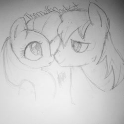 Size: 640x640 | Tagged: safe, artist:themuffinartist, big macintosh, fluttershy, earth pony, pegasus, pony, g4, boop, bust, female, looking at each other, looking at someone, male, mare, monochrome, noseboop, pencil drawing, ship:fluttermac, shipping, sketch, stallion, straight, traditional art