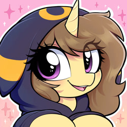 Size: 894x894 | Tagged: safe, artist:moozua, oc, oc only, oc:astral flare, pony, umbreon, unicorn, clothes, cute, daaaaaaaaaaaw, female, hoodie, icon, looking at you, open mouth, pokémon, smiling, smiling at you, solo