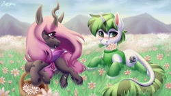 Size: 5760x3240 | Tagged: safe, artist:mishi_ovo, oc, oc only, changeling, hybrid, pony, unicorn, blushing, commission, couple, cute, daisy (flower), drawing, female, flower, flower in mouth, love, lying down, male, male to female, mouth hold, prone, rule 63, shipping, support, uwu