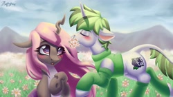 Size: 5760x3240 | Tagged: safe, artist:mishi_ovo, oc, oc only, changeling, hybrid, pony, unicorn, blushing, commission, couple, cute, daisy (flower), draw, drawing, female, flower, love, lovely, male, male to female, oc x oc, owo, rule 63, shipping, support