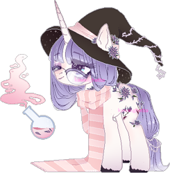 Size: 435x444 | Tagged: safe, artist:kawaiighetto, oc, oc only, pony, unicorn, clothes, female, glasses, hat, mare, one eye closed, potion, scarf, simple background, smiling, solo, striped scarf, transparent background, unshorn fetlocks, wink, witch hat