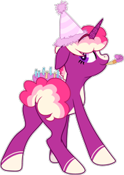 Size: 2071x2904 | Tagged: safe, artist:rickysocks, oc, oc only, pony, unicorn, base used, cake, female, food, hat, high res, mare, party hat, party horn, simple background, solo, transparent background