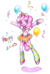 Size: 1339x1957 | Tagged: safe, artist:churobu, pinkie pie, earth pony, semi-anthro, g4, arm hooves, balloon, clothes, happy new year, happy new year 2013, hat, holiday, party hat, simple background, skirt, socks, striped socks, transparent background, underhoof