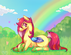 Size: 1500x1164 | Tagged: safe, artist:churobu, oc, oc only, butterfly, pegasus, pony, cloud, eyelashes, female, mare, outdoors, pegasus oc, rainbow, sky, smiling, solo, wings