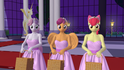 Size: 1920x1080 | Tagged: safe, artist:ponygamer2020, artist:ponygamersfm, apple bloom, scootaloo, sweetie belle, earth pony, pegasus, pony, unicorn, anthro, a canterlot wedding, 3d, basket, basket of flowers, canterlot, clothes, cutie mark crusaders, dress, female, flower, flower girl, flower in hair, looking at you, nexgen, scene interpretation, smiling, smiling at you, source filmmaker, trio, trio female